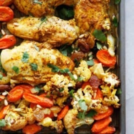 Sheet Pan Curry Chicken and Vegetables on a baking sheet.