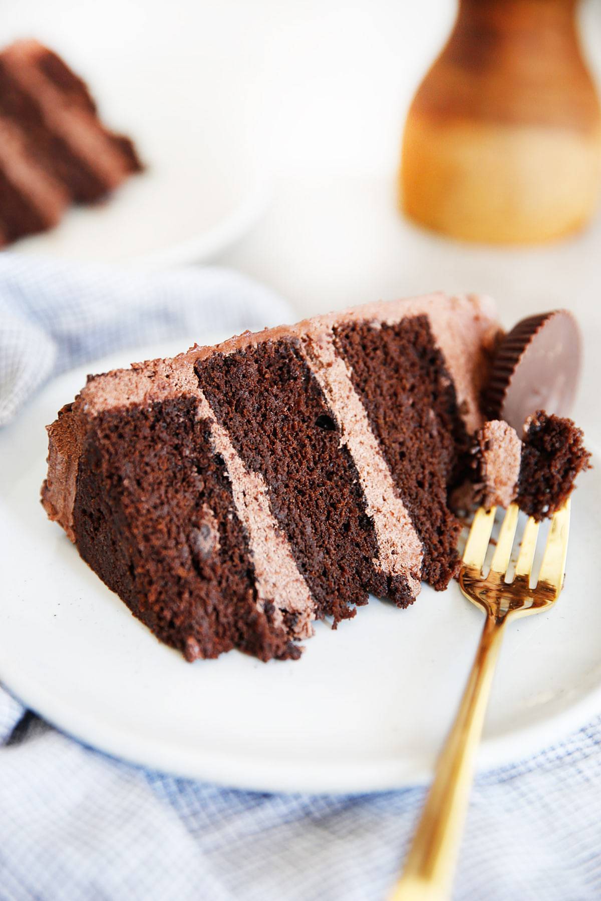 A three layer chocolate cake on a plate.