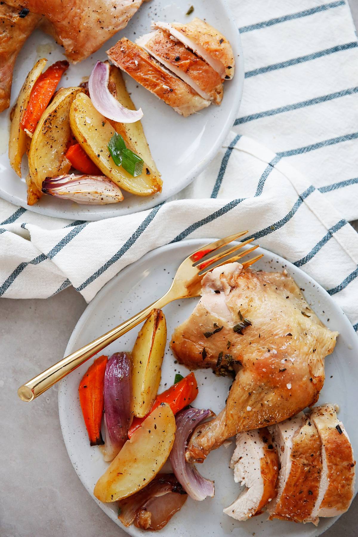 overhead of a plate with roasted chicken and veggies.