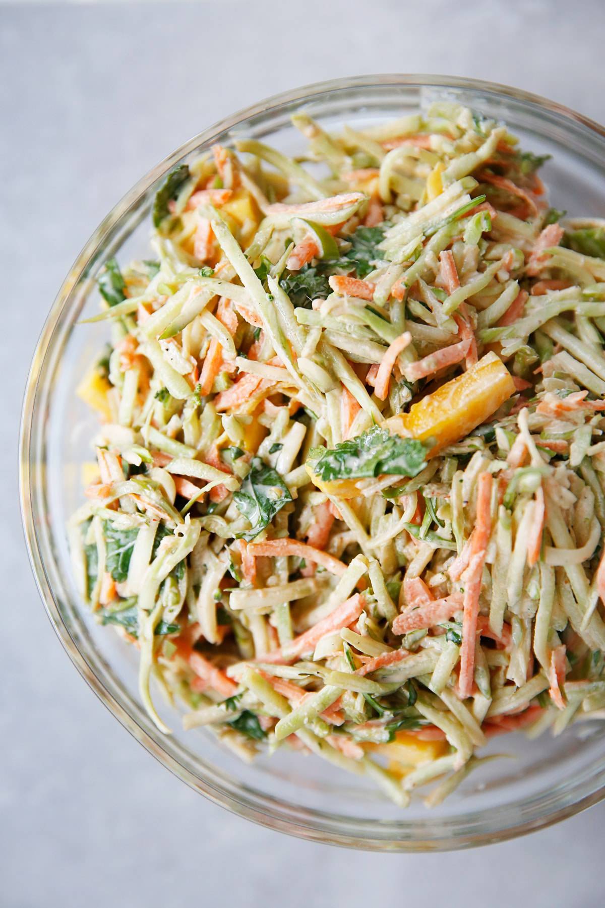 overhead of a bowl filled with Sriracha slaw.