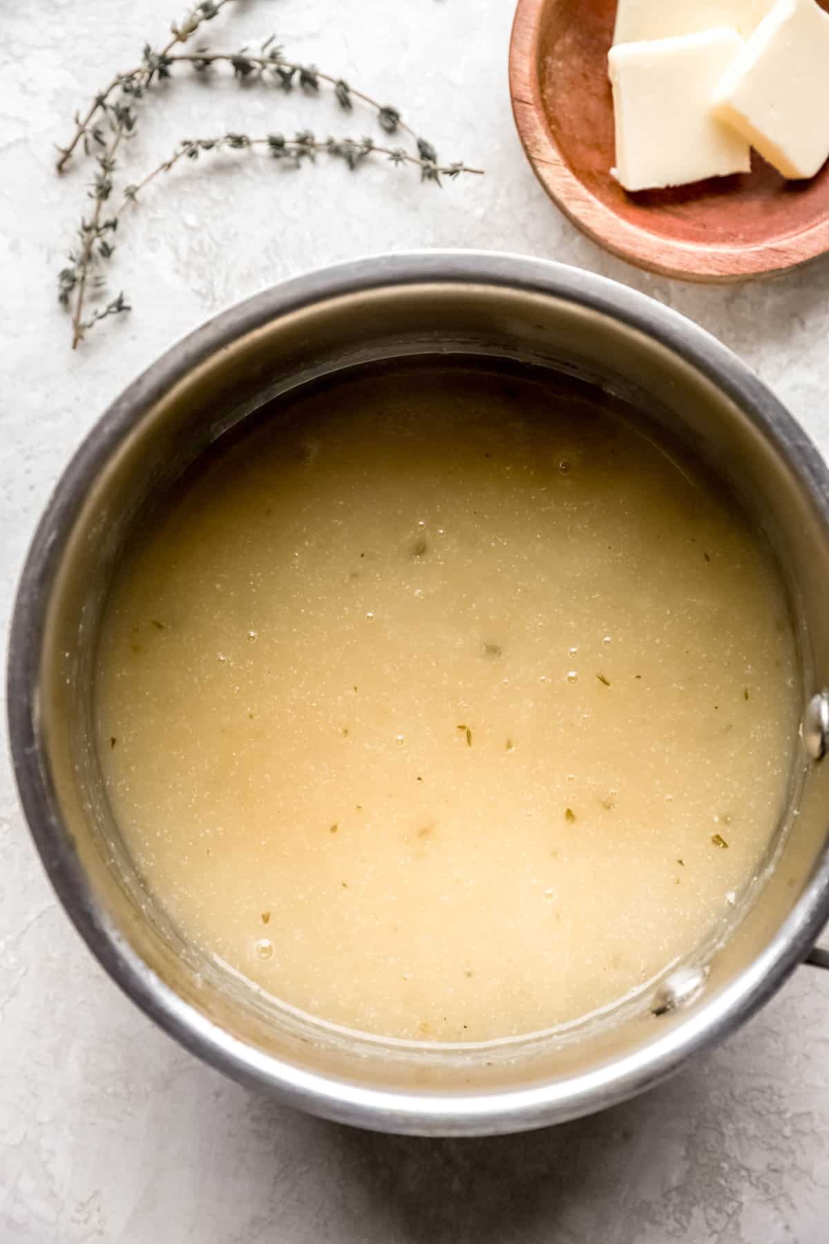 gravy without drippings in a saucepan from above.