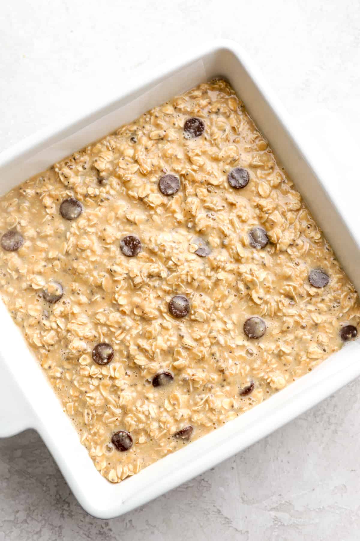 unbaked oatmeal in a baking dish.