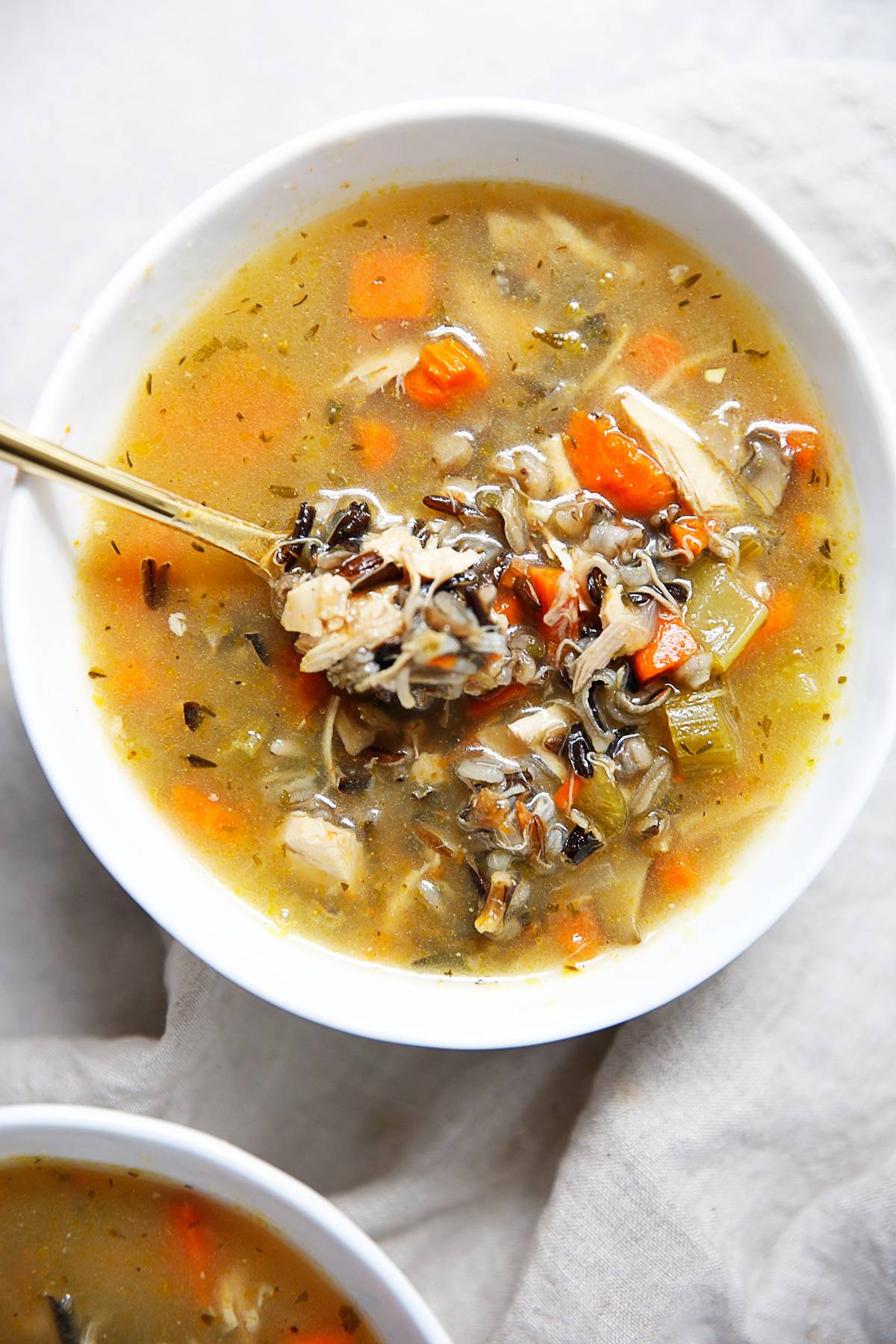 wild rice soup with leftover turkey in a bowl