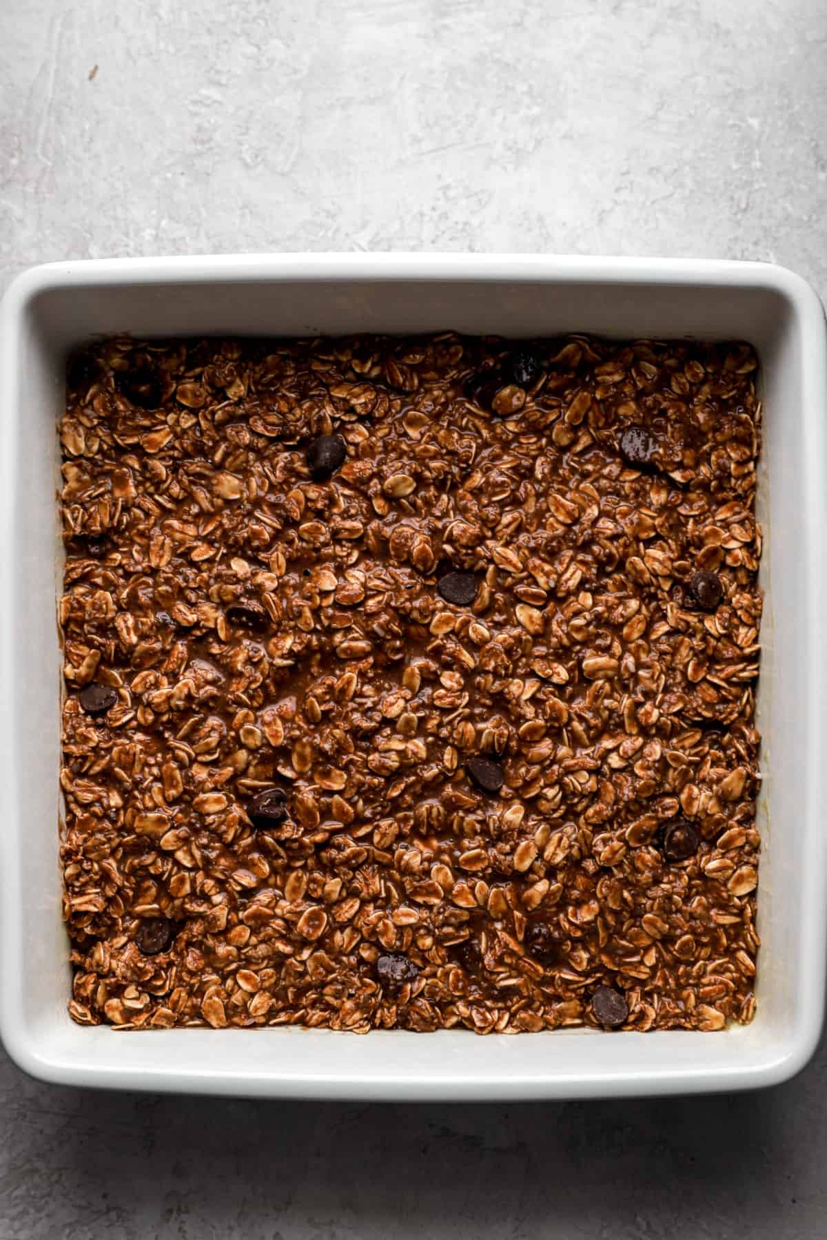 chocolate oats in a baking dish.