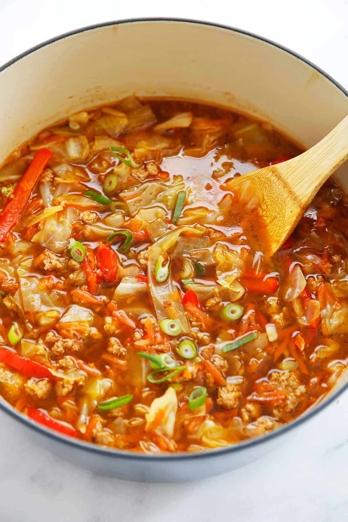 Pot of cabbage egg roll soup