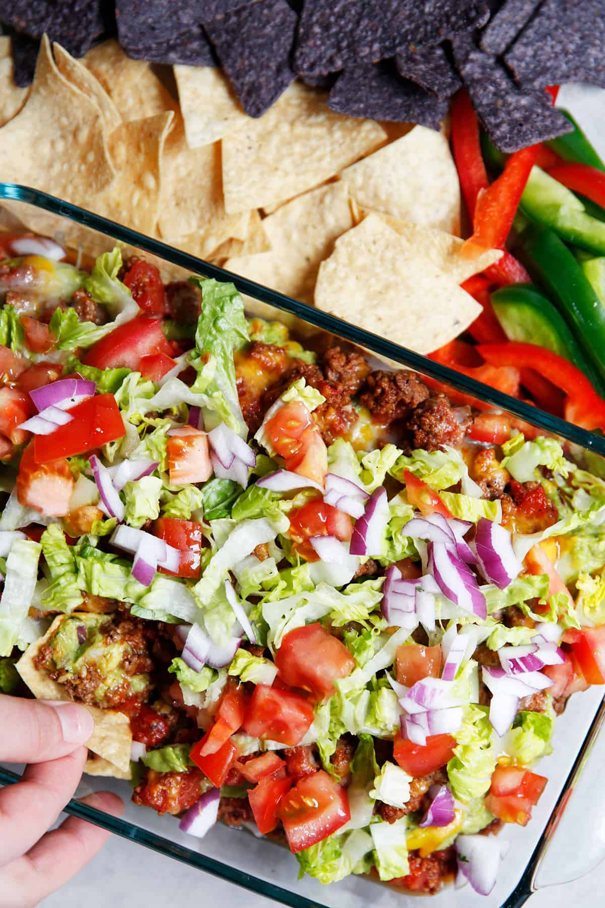 7 layer taco dip recipe with meat and chips