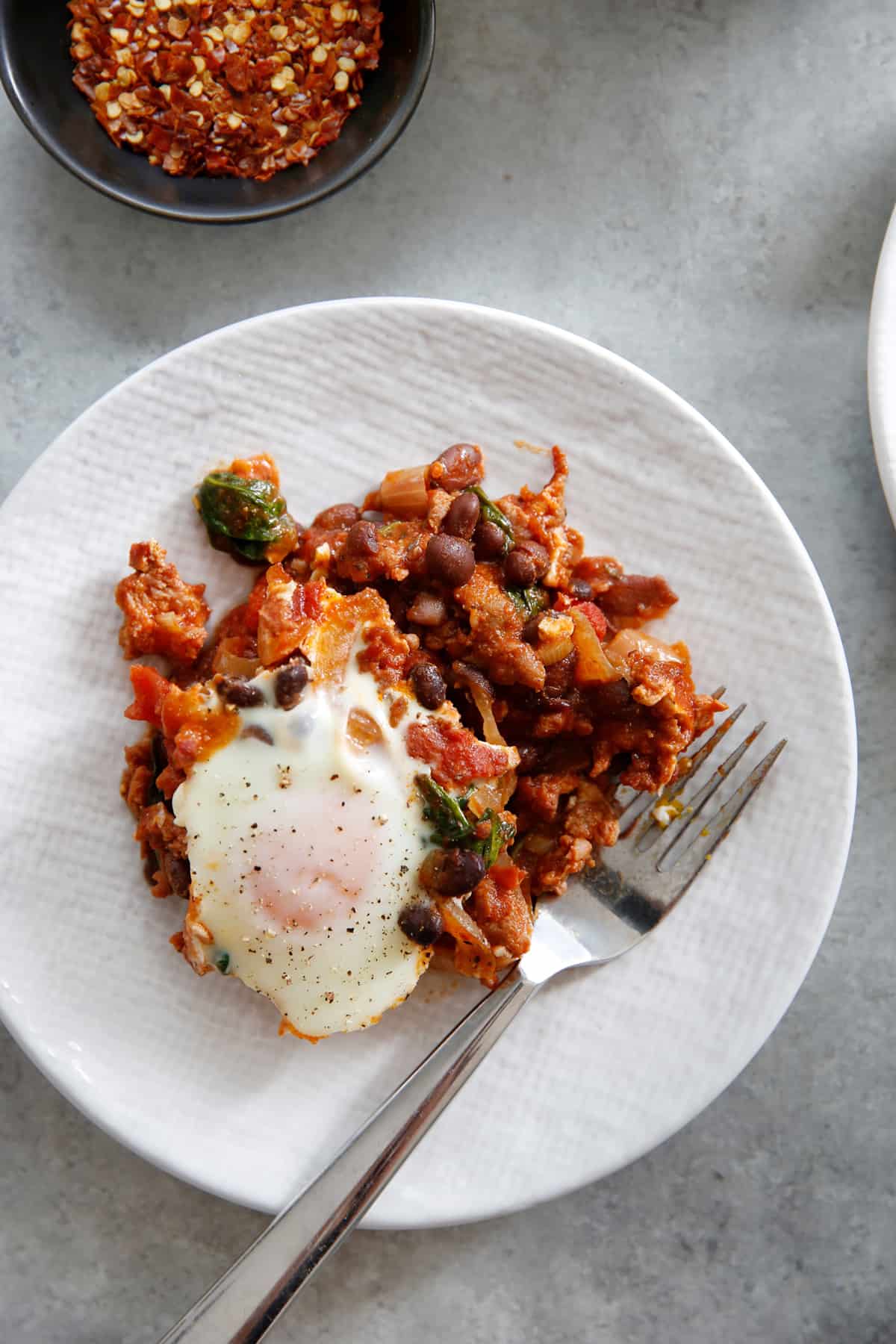 Up close portion of skillet baked eggs