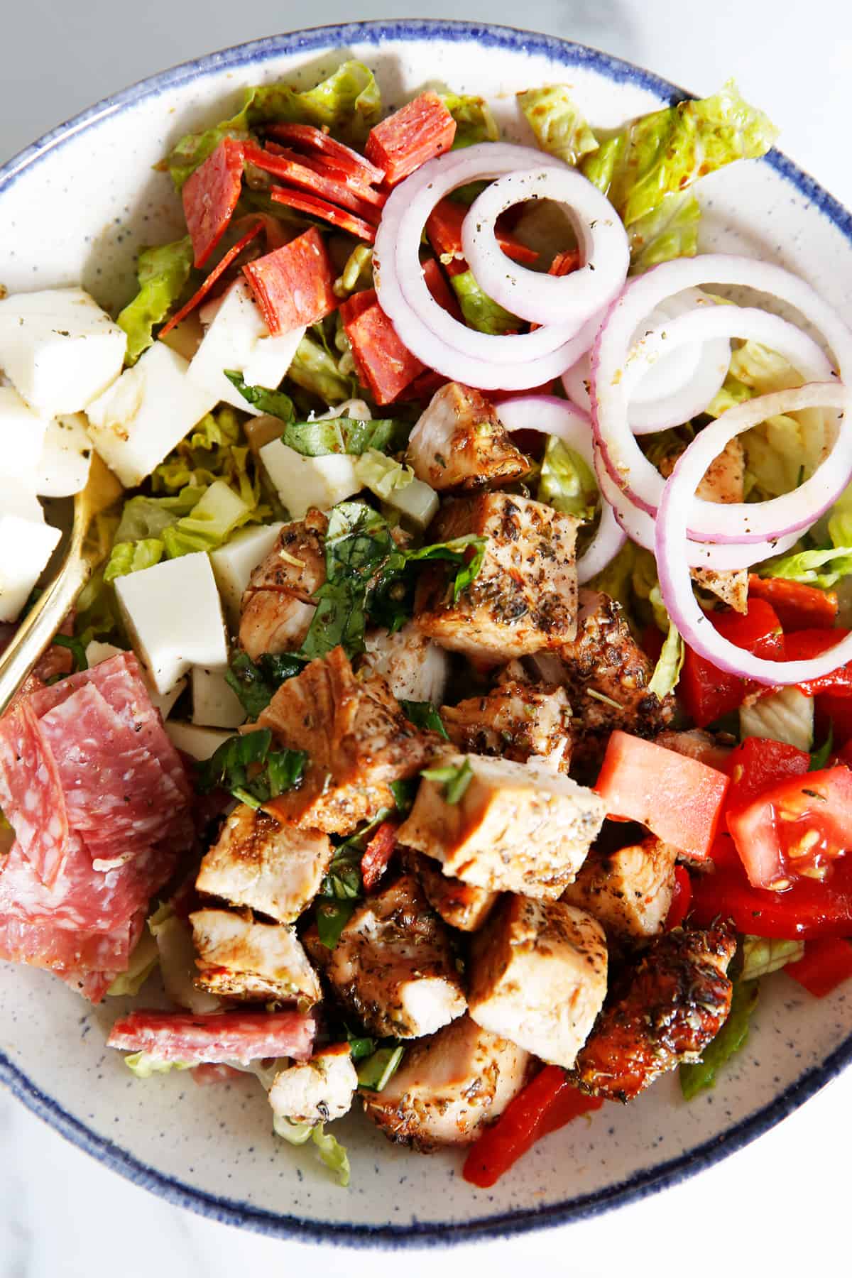 close up shot of antipasto salad recipe.