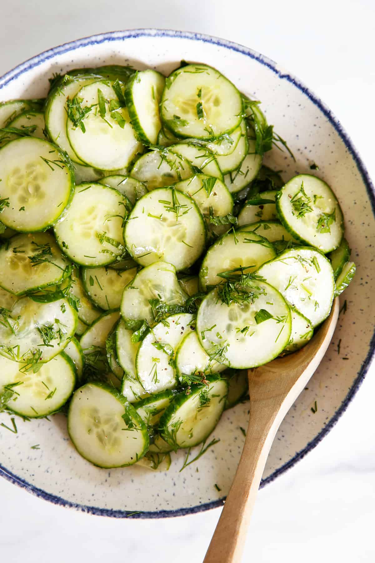 bowl of cucumber salad and herbs