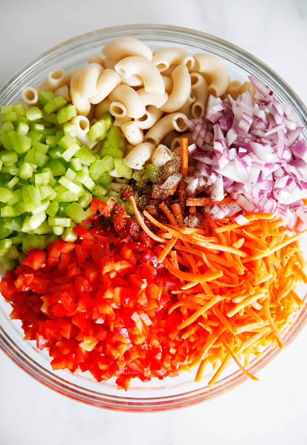 Ingredients for classic all American macaroni salad