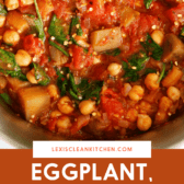 Pinterest image for eggplant and chickpea stew.