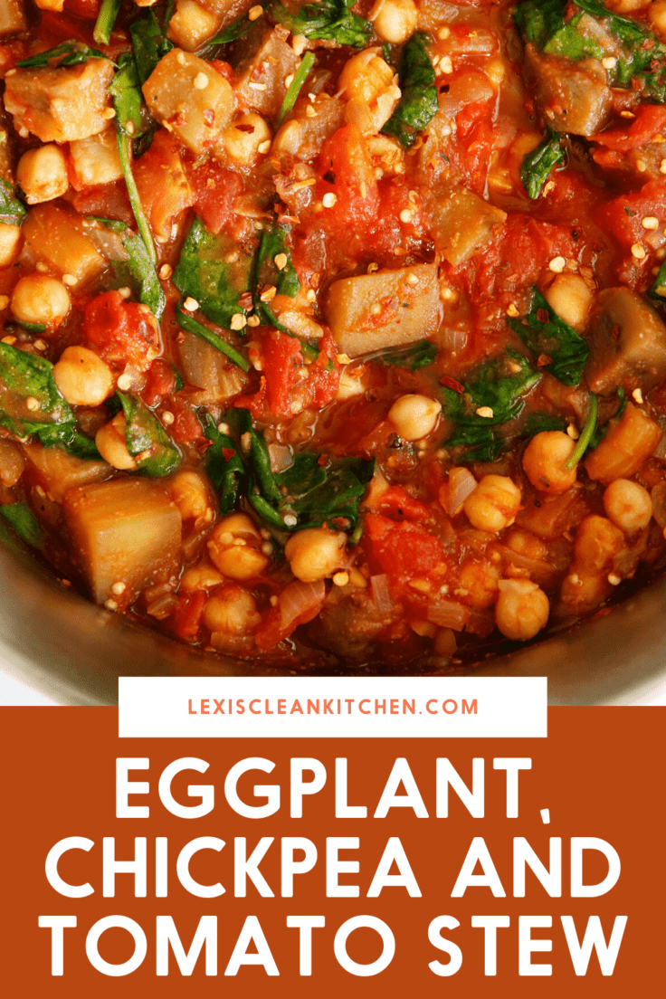 Pinterest image for eggplant and chickpea stew.