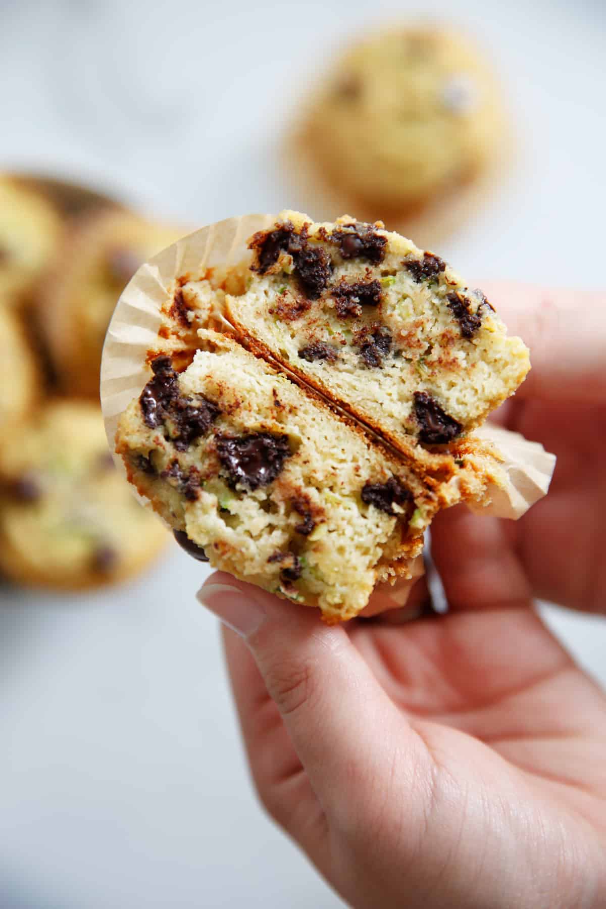 Gluten free zucchini muffins with chocolate chips broken open