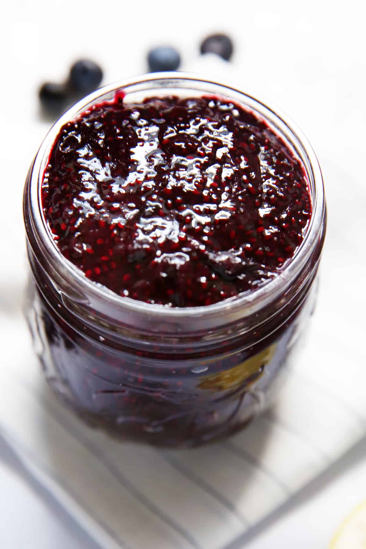 Blueberry jam with chia seeds in a jar