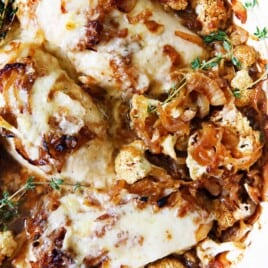 French onion chicken bake in a skillet.