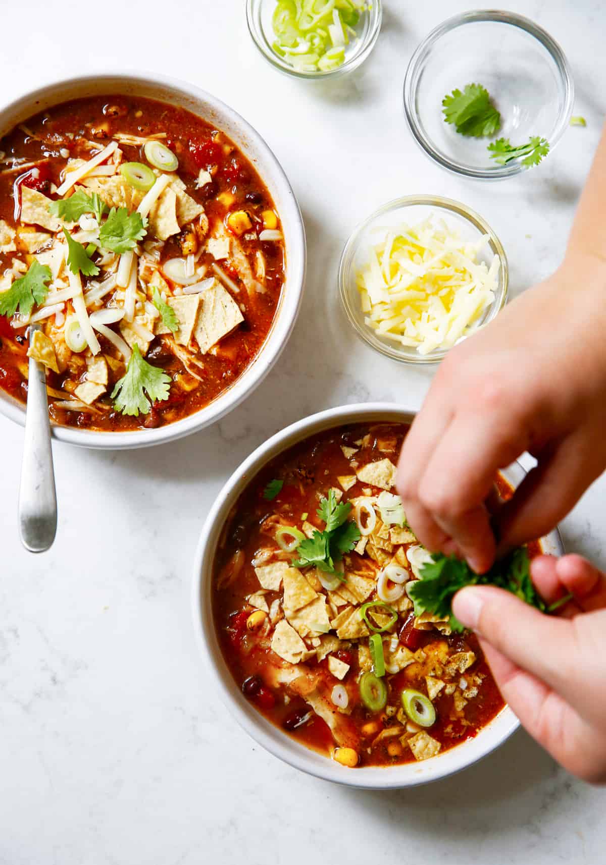 Instant Pot southwest chicken soup in bowls with cilantro