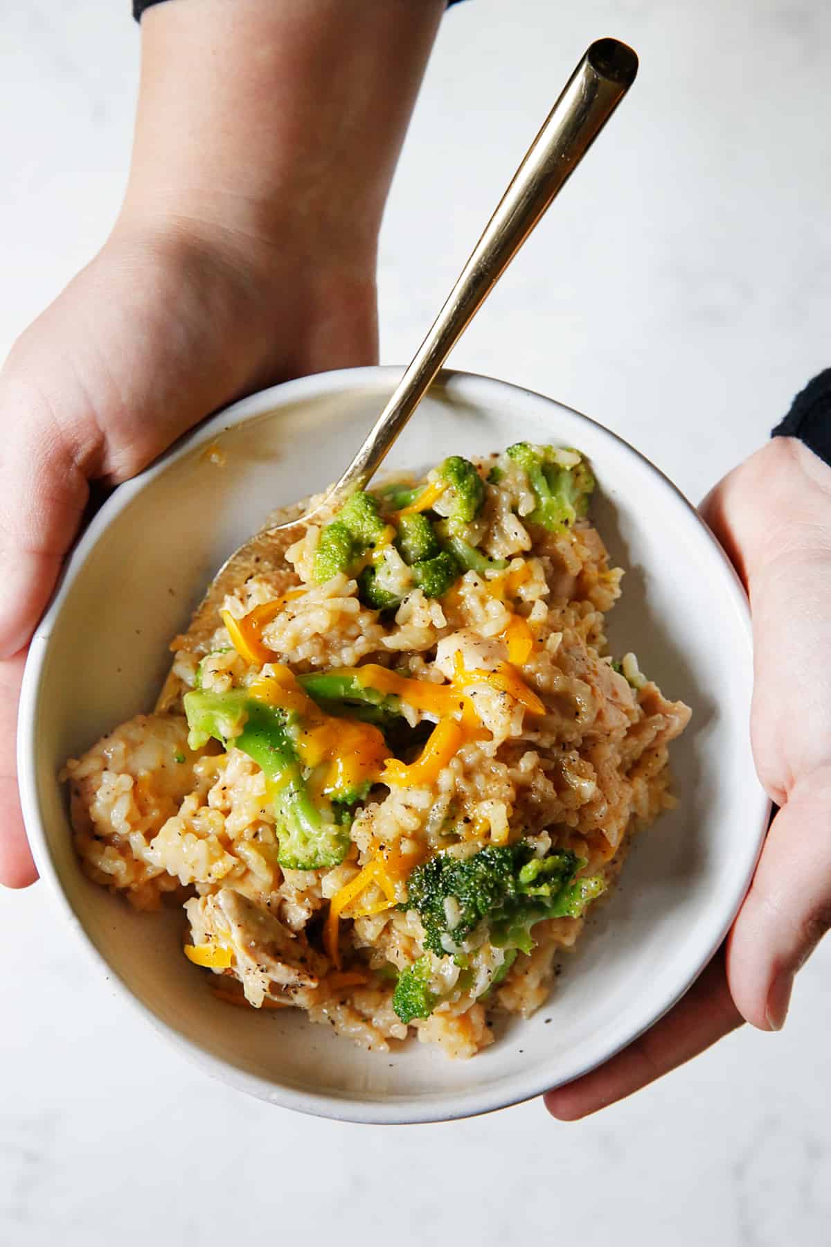 Cheesy chicken broccoli and rice in a bowl