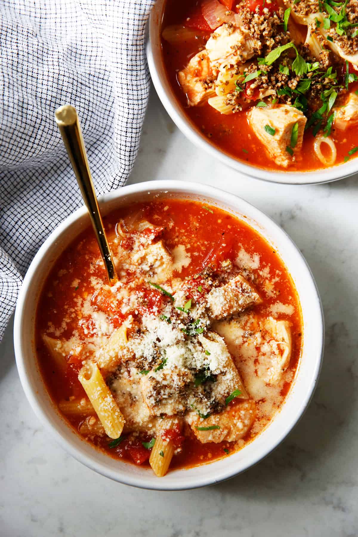 Chicken Parmesan soup in a bowl