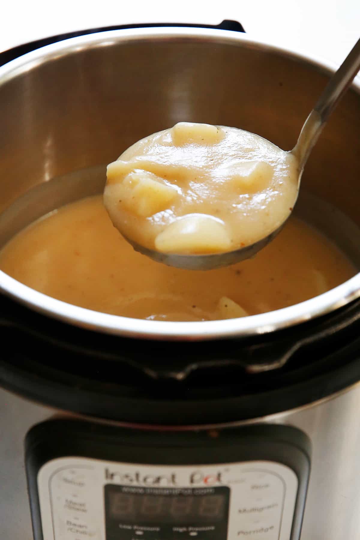 Ladle the potato soup out of the Instant Pot.