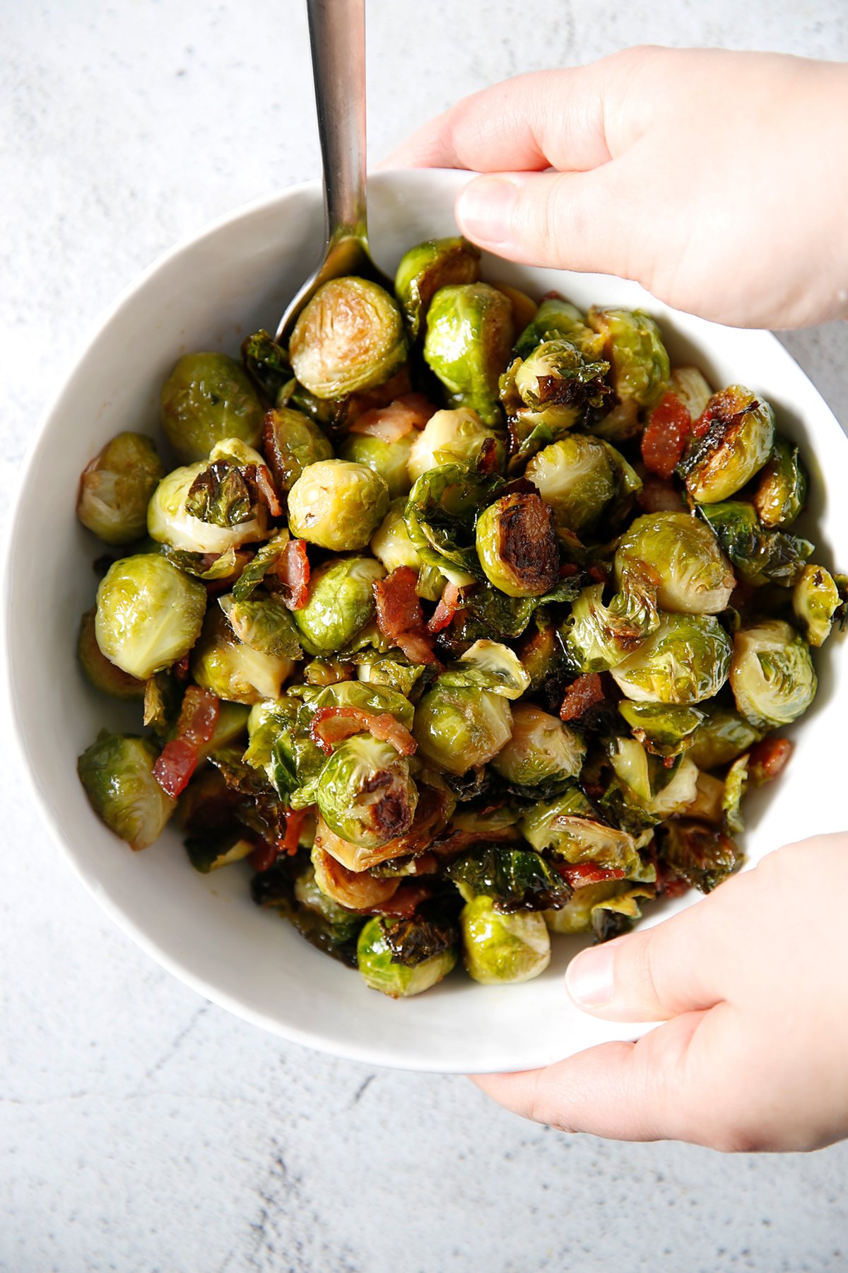 Roasted brussel sprouts with bacon in a bowl