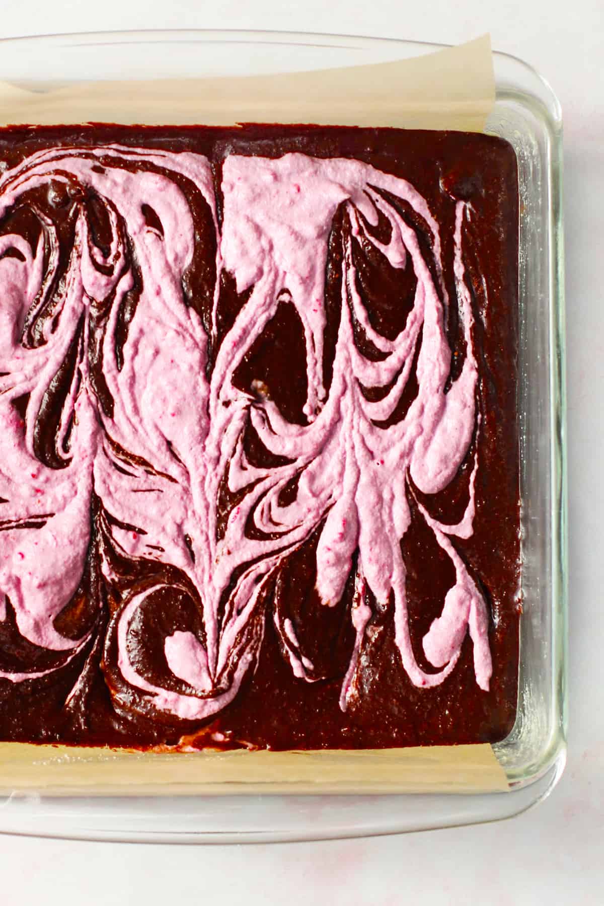 Raspberry cream swirled throughout brownie batter.