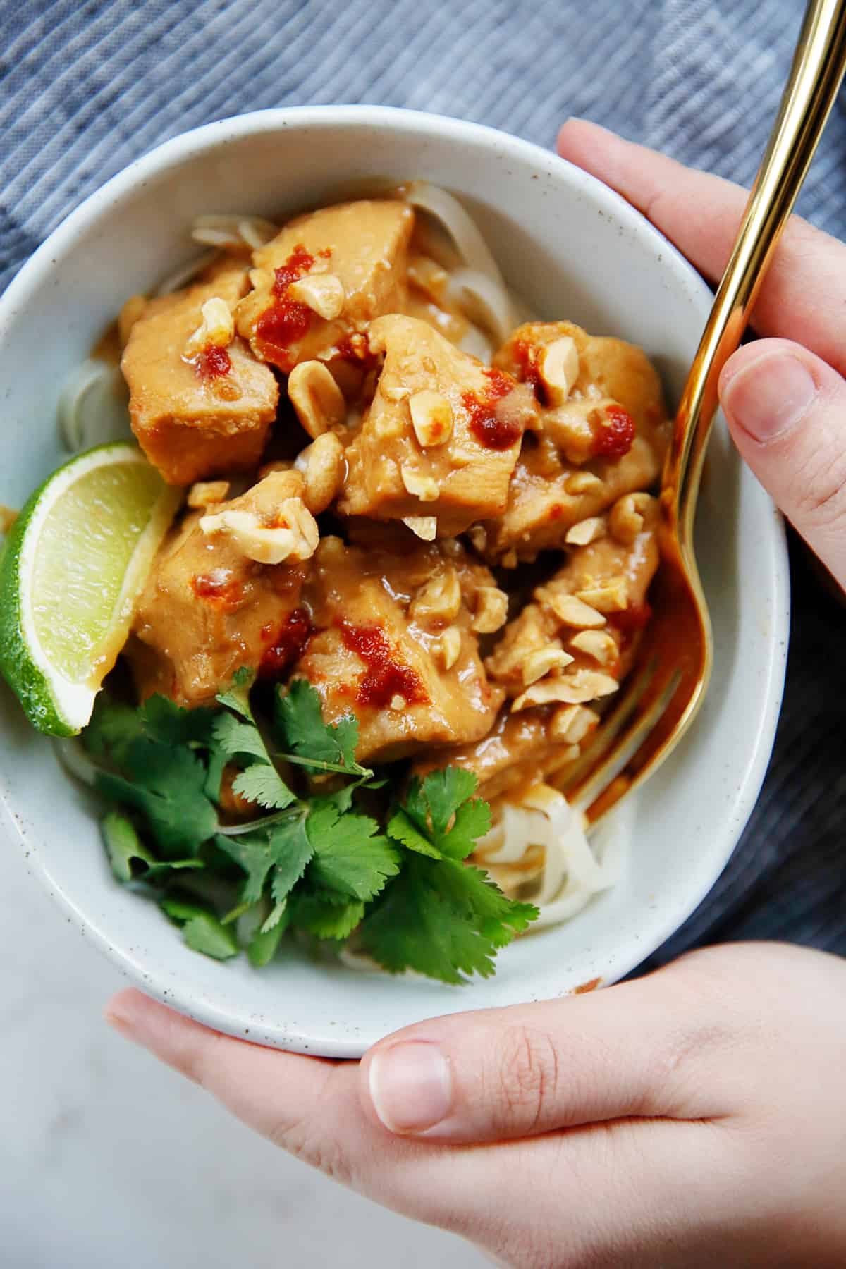 A bowl of Thai peanut chicken with rice noodles and lime.
