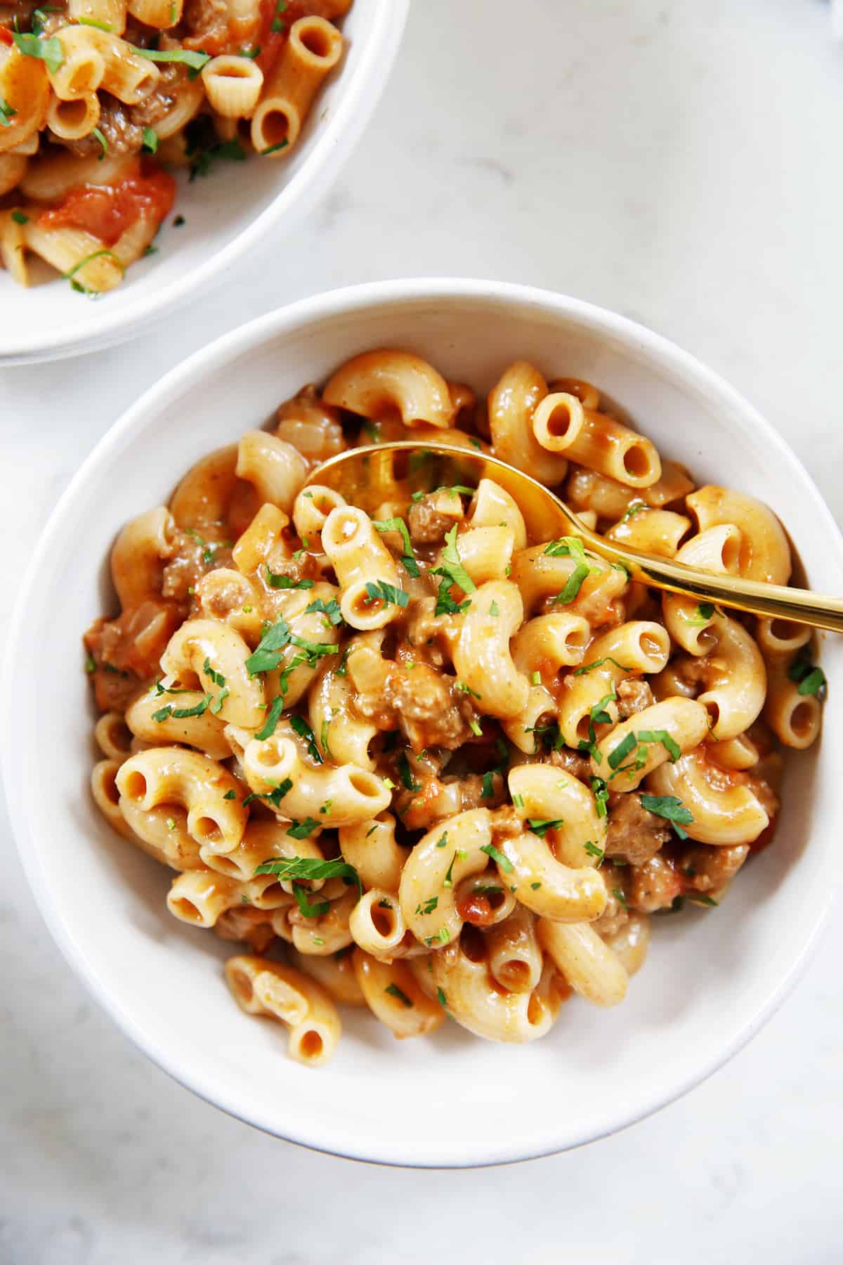 Two servings of homemade hamburger helper.