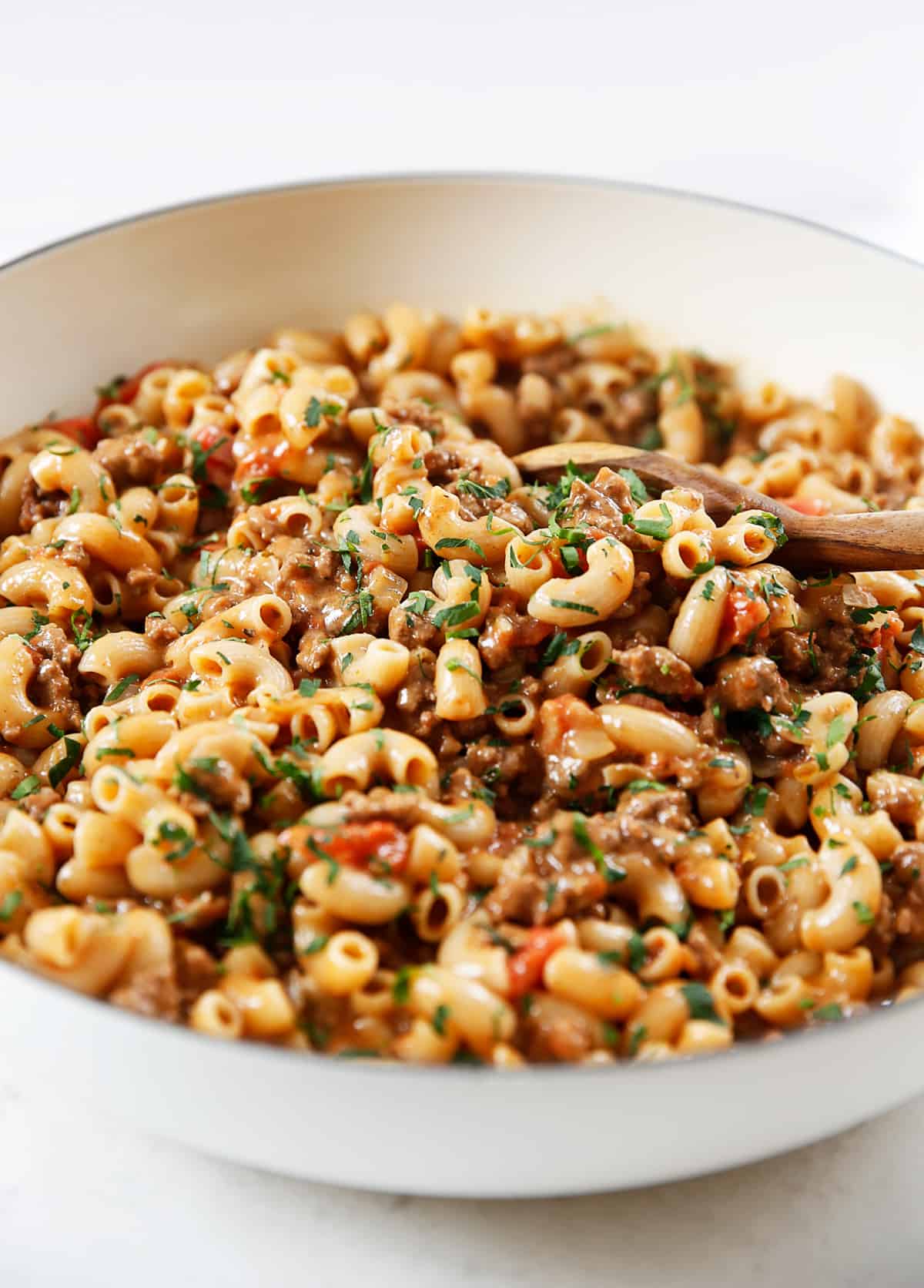 Healthy hamburger helper in a pot.