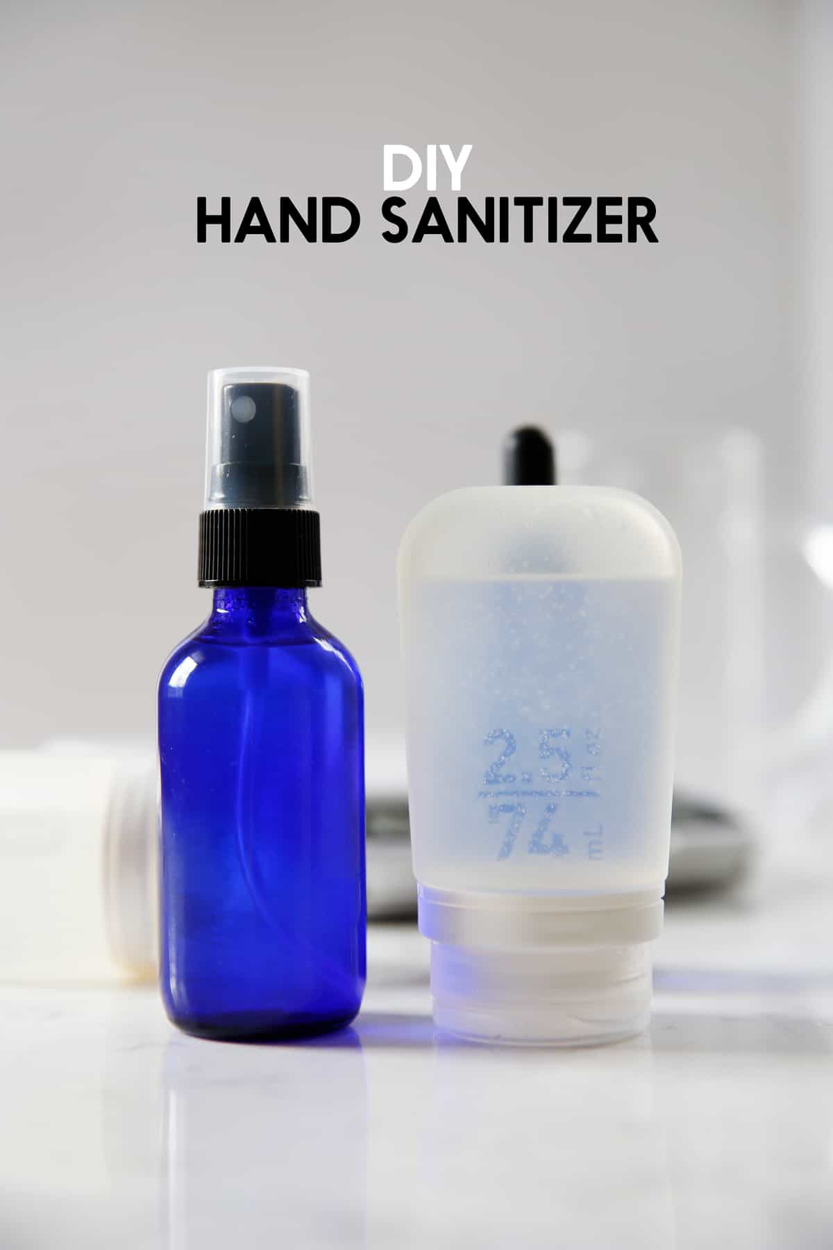 Homemade hand sanitizer in bottles.