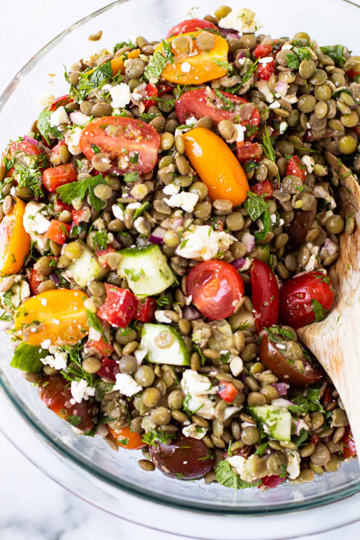 Cooked lentils used in a salad.