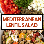 A greek salad made from lentils with tomatoes, feta and herbs.