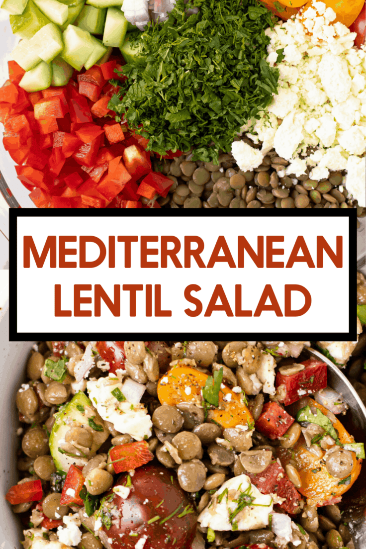 A greek salad made from lentils with tomatoes, feta and herbs.