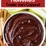 A bowl of chocolate hummus with fruit and pretzels for dipping.