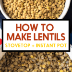A photo of uncooked lentils and cooked lentils.