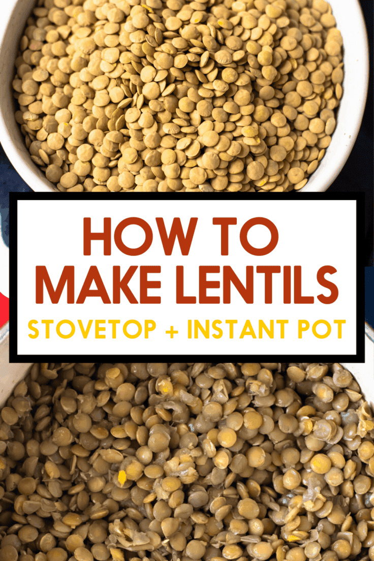 A photo of uncooked lentils and cooked lentils.