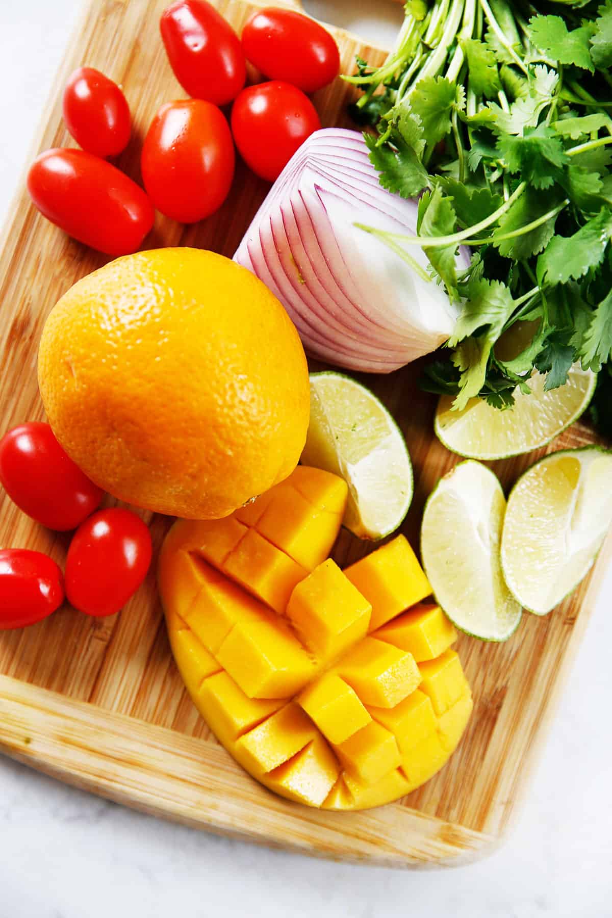 Ingredients for mango shrimp ceviche.