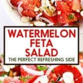 A bowl of watermelon salad with onions, feta and almonds.