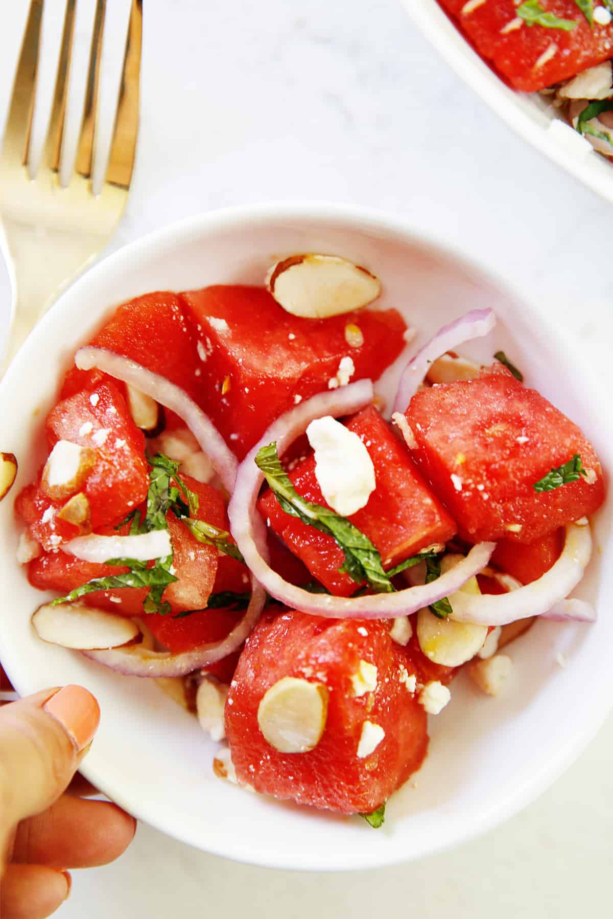 A serving of watermelon salad.
