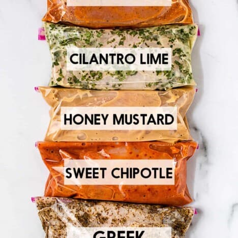 5 easy chicken marinade recipes in bags with a text overlay of the names.