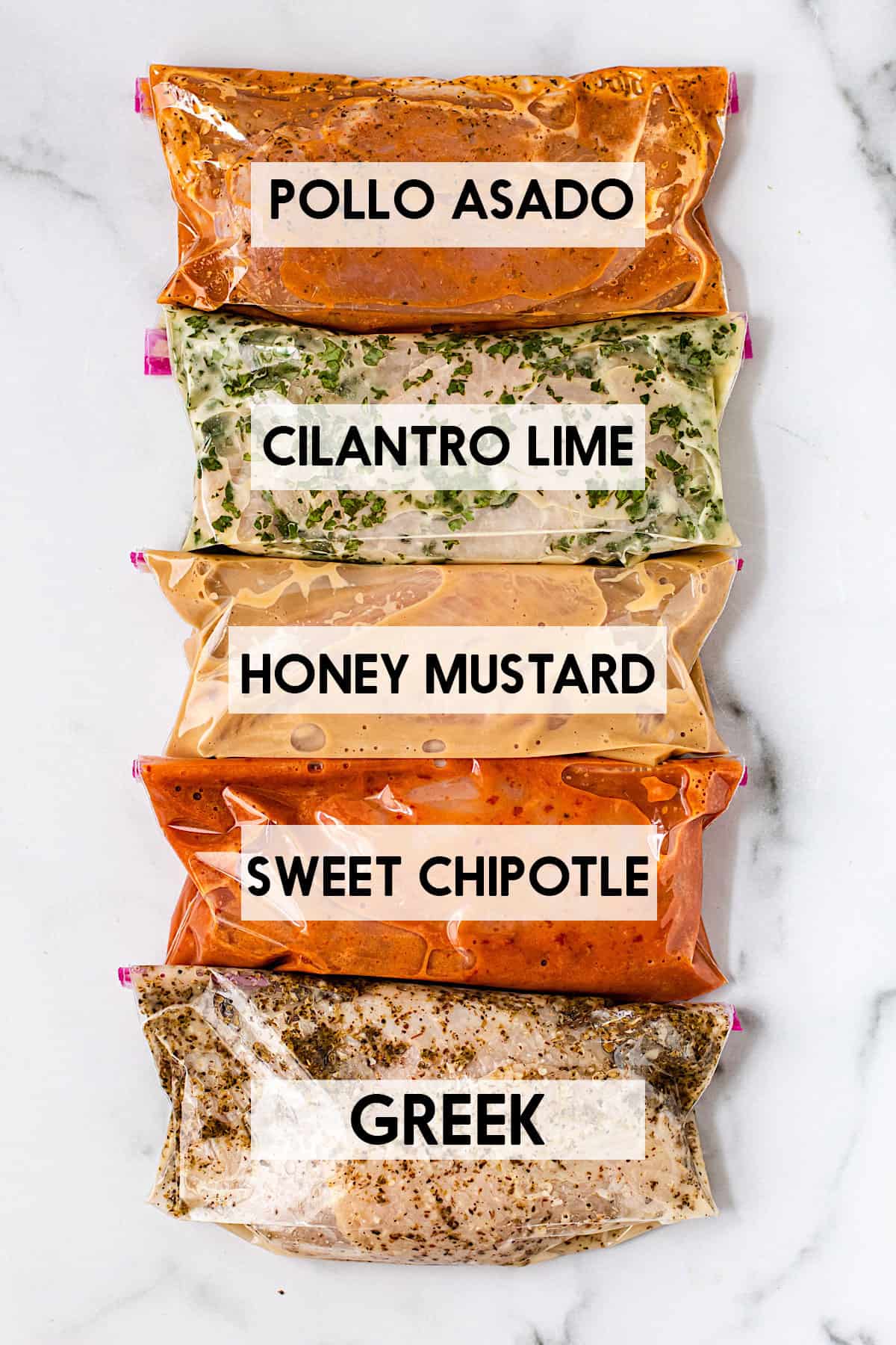 5 easy chicken marinade recipes in bags with a text overlay of the names.