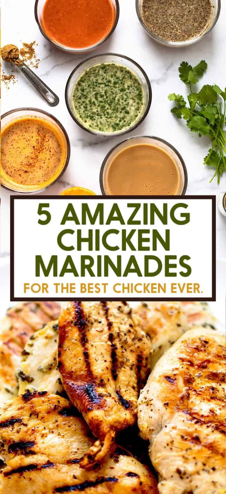 A pinterest image for 5 chicken marinades.