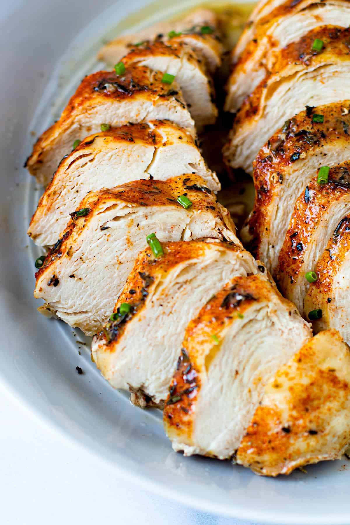 Sliced chicken breasts that were cooked from frozen in the Instant Pot