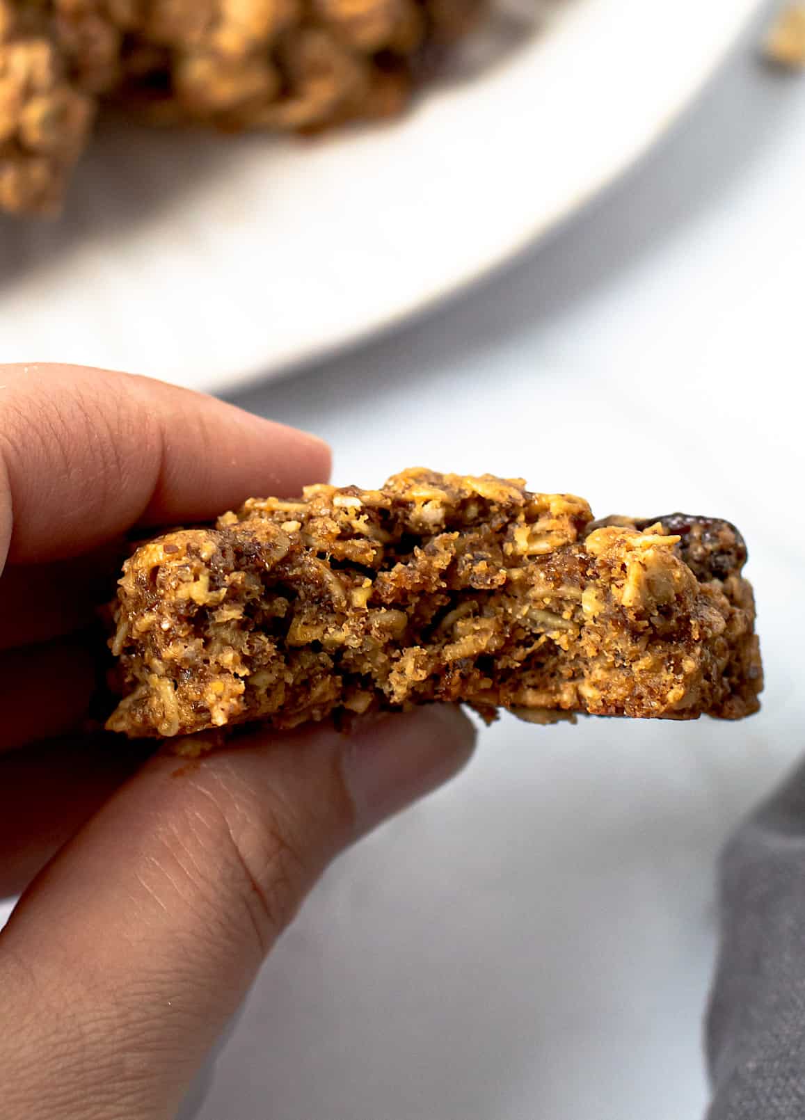 A lactation cookie with a bite taken out of it.