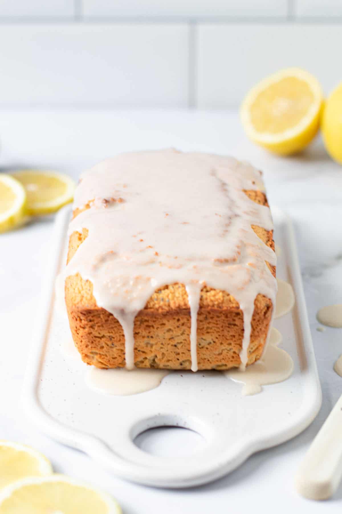 Glazed lemon poppy seed bread.