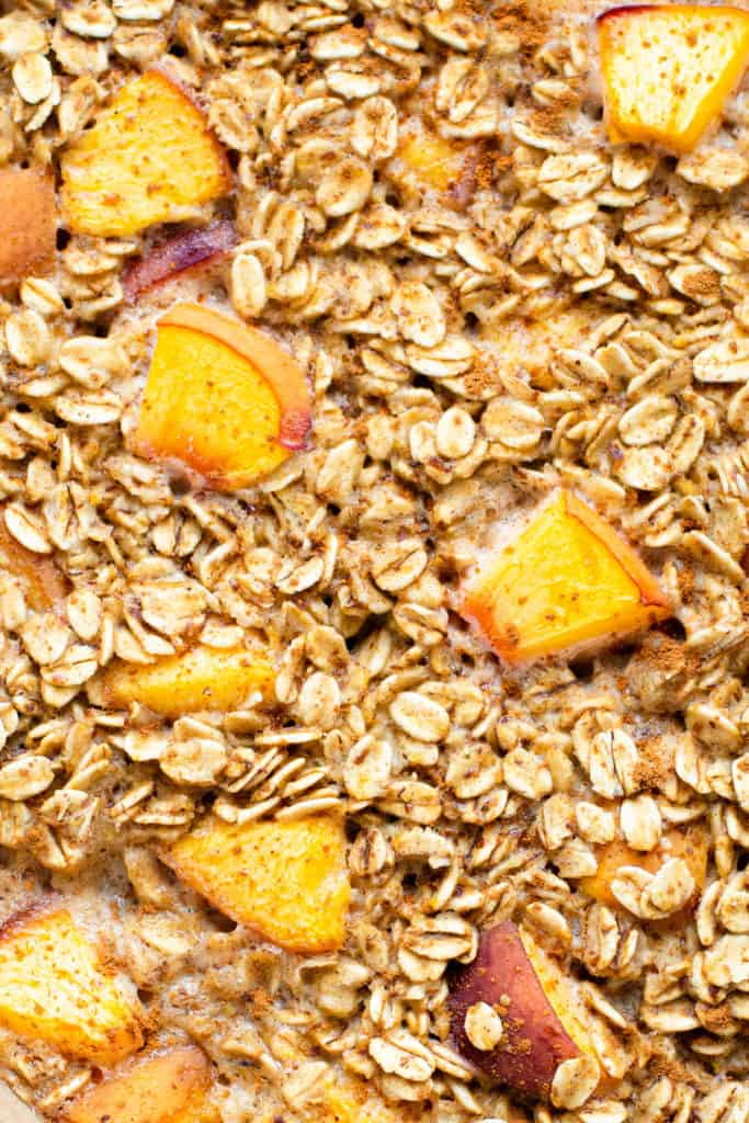A close up look at Peaches and Cream Oatmeal with cinnamon.