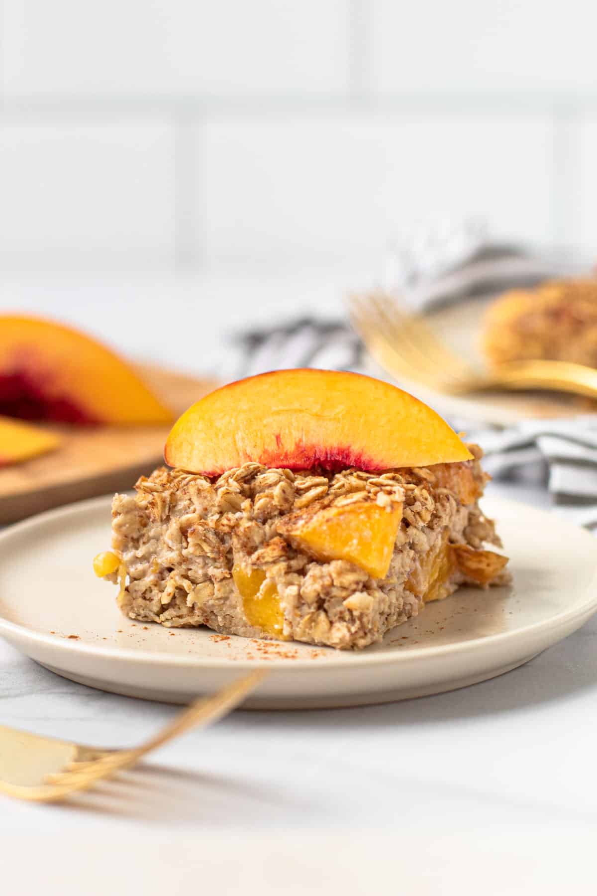 A slice of peaches and cream baked oatmeal.