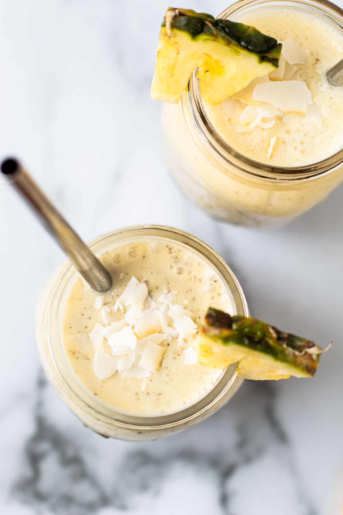 Smoothie made with frozen pineapple and coconut milk.