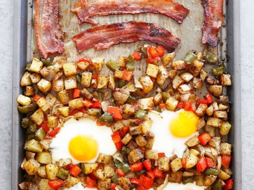 One Pan Breakfast Bake with Bacon, Hash Browns, and Eggs