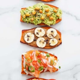 Five different sweet potato toasts.