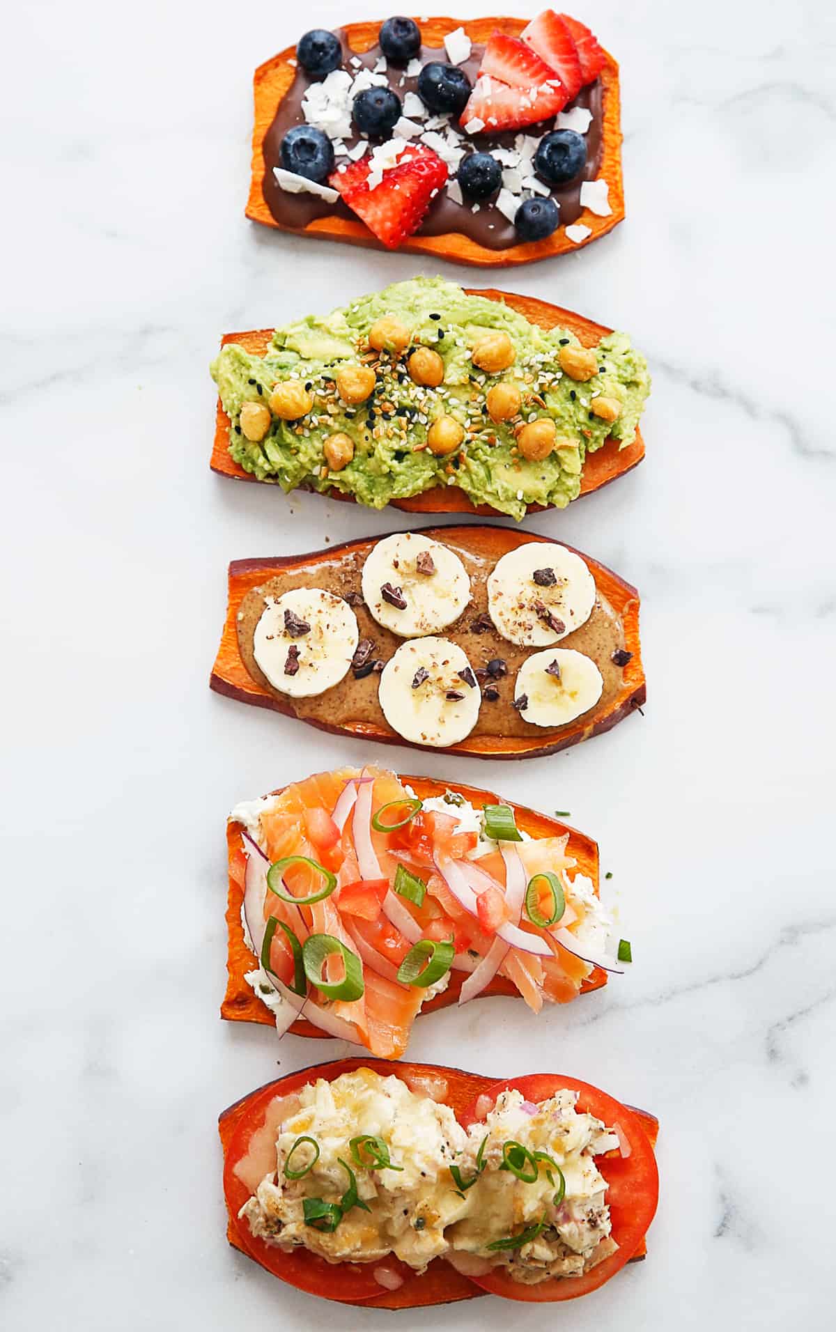 Five different sweet potato toasts.